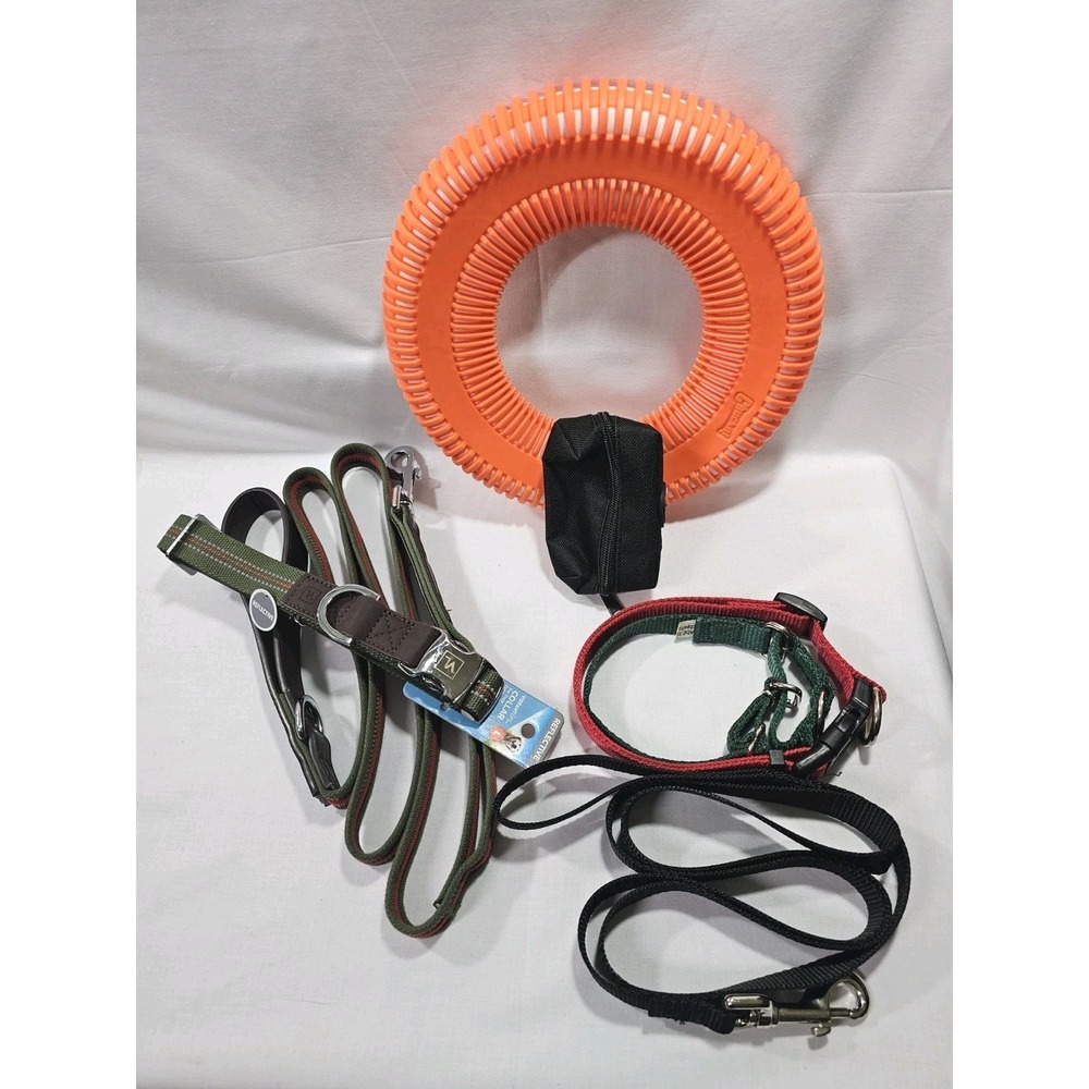 7 Piece Dog Lot Small/Large Breed Size 2 Leashes 3 Collars(1 New) Bag Holder Toy